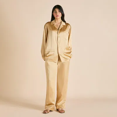Olivia Von Halle Yves Lune Caramel Embellished Pyjamas In Silk Satin