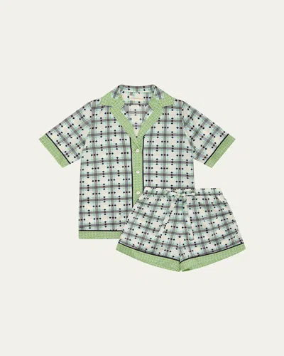 Olivia Von Halle Zelda Geometric-print Silk Short Pajama Set In Green