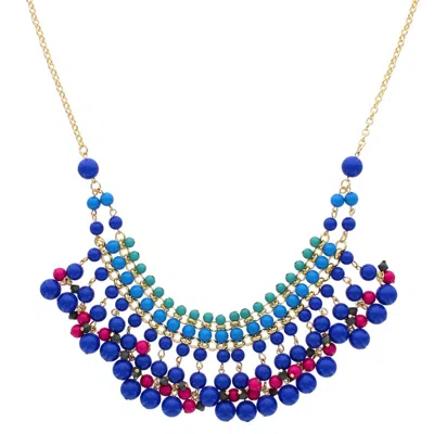 Olivia Welles Beaded Fringe Bib Necklace In Blue