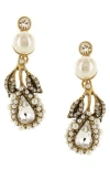 Olivia Welles Cheyenne Imitation Pearl & Crystal Leaf Drop Earrings In Burnished Gold/white