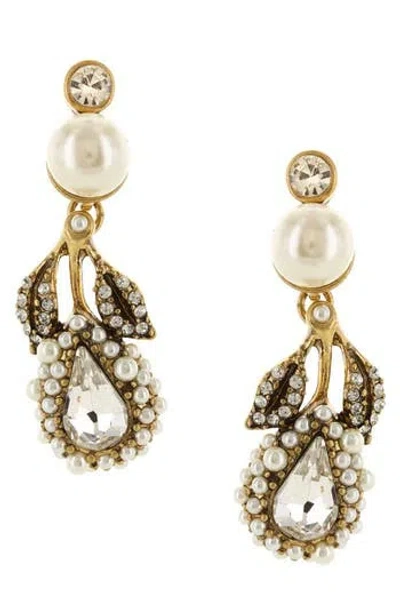 Olivia Welles Cheyenne Imitation Pearl & Crystal Leaf Drop Earrings In Burnished Gold/white