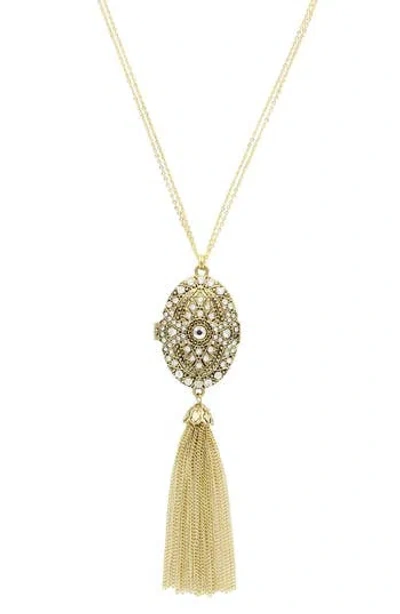 Olivia Welles Detailed Locket Tassel Necklace In Green