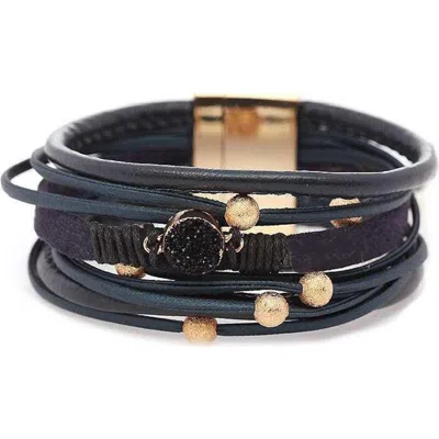 Olivia Welles Faux Leather Drusy Stone Beaded Multi-strand Bracelet In Blue