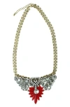 Olivia Welles Gold Plated Rhinestone Statement Necklace In Gold/red/silver