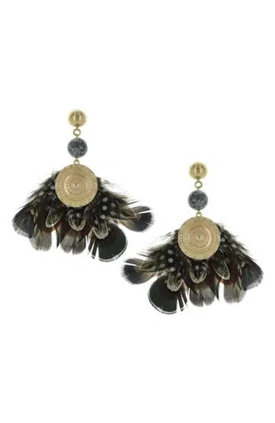 Olivia Welles Medallion Feather Drop Earrings In Gold/black