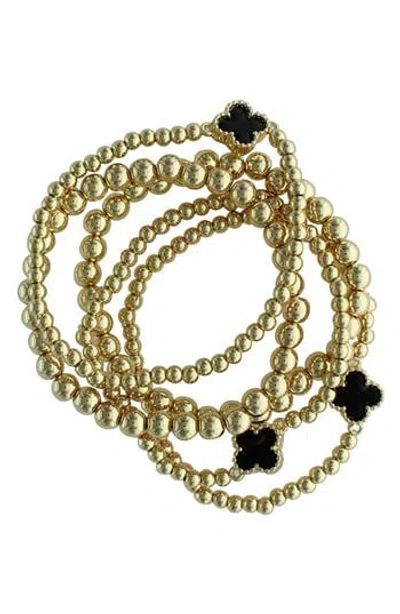 Olivia Welles Set Of 5 Clover Beaded Stackable Bracelets In Gold / Black