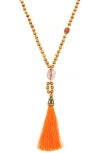 Olivia Welles Summer Beaded Tassel Pendant Necklace In Burnished Gold/orange