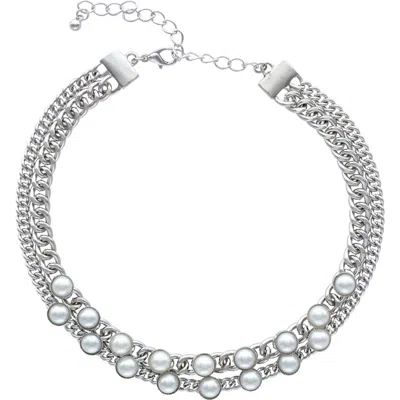 Olivia Welles Vivian Imitation Pearl Curb Chain Choker In Silver / White