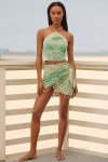 Ollari Linen Blend Beaded Printed Halter Cami In Green