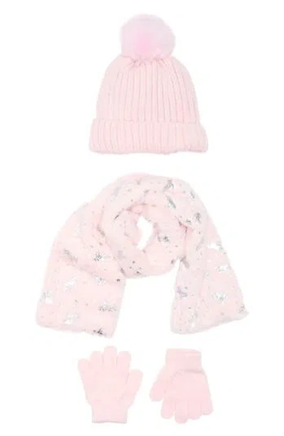 Olly & Me Kids' Faux Fur Pompom Beanie, Scarf & Gloves Set In Pink