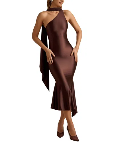 Oloey One-shoulder Midi Dress In Brown