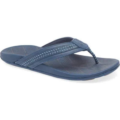 Olukai Aho Leather Flip Flop In Blue