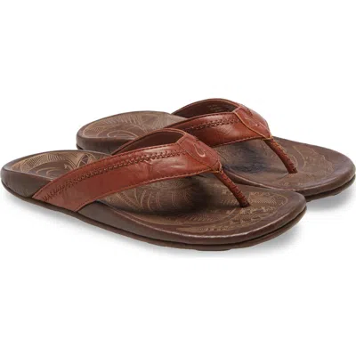 Olukai Hiapo Flip Flop In Rum/dark Wood Leather