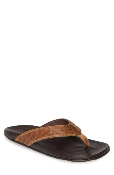 Olukai Hikianalia Flip Flop In Tan/dark Java Leather