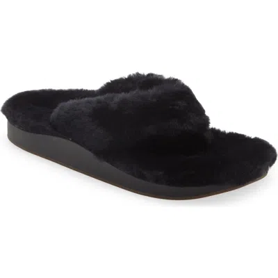 Olukai Kipea Heu Genuine Shearling Slide Sandal In Black/tan