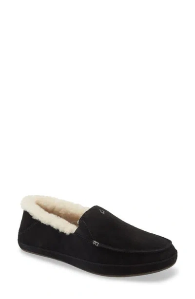 Olukai Ku'una Womens Shearling Cozy Moccasin Slippers In Black/black Leather