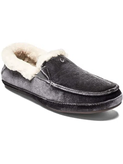 Olukai Ku'una Lanui Womens Velvet Shearling Lined Moccasin Slippers In Black