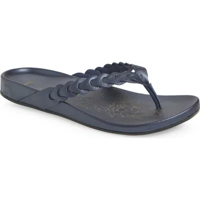 Olukai Lei Leather Flip Flop In Mood Indigo/mood Indigo