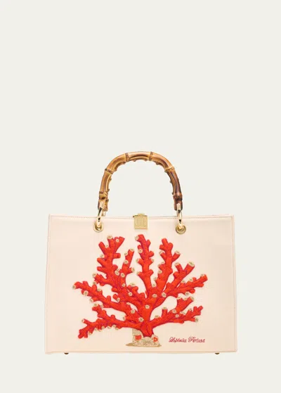 Olympia Le-tan Coral Embroidered Canvas Top-handle Bag In Red
