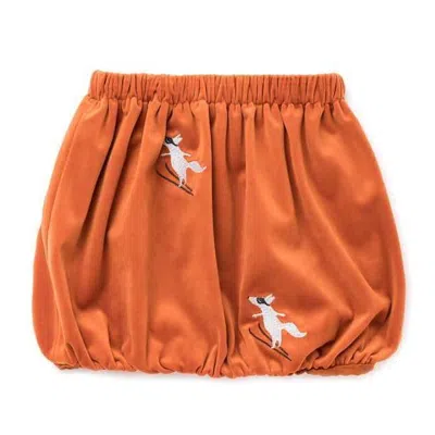 Omamimini Kids' Velvet Bubble Skirt With Foxes Embroidery In Brown
