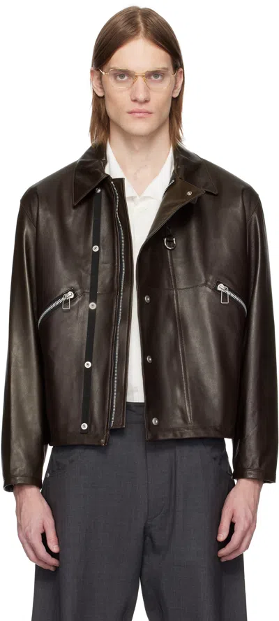 Omar Afridi Brown Drawcord Leather Jacket In Mahogany