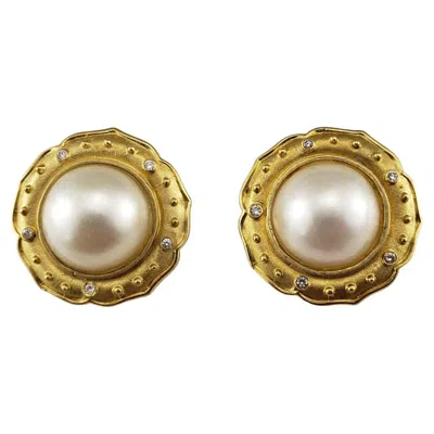 Pre-owned Omega 14 Karat Yellow Gold Pearl And Diamond Earrings #18983
