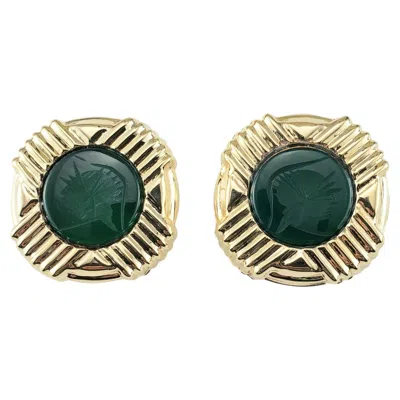 Pre-owned Omega 14k Yellow Gold And Carved Soldier Green Onyx  Back Earrings #20023