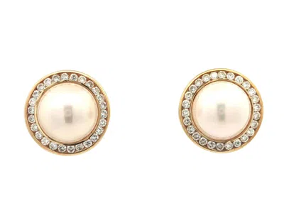 Pre-owned Omega 18k Yellow Gold High Quality 14mm Mabe Pearl & 1.56ctw Diamond Button Earrings
