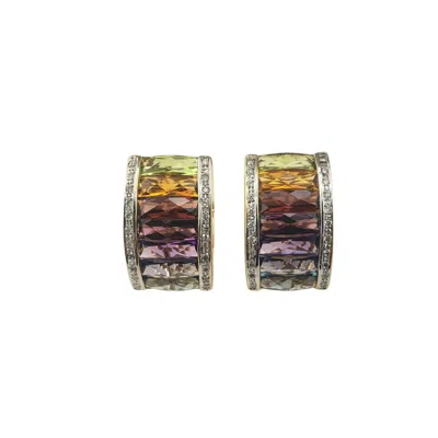 Pre-owned Omega 18k Yellow Gold Rainbow Gemstone And Diamond  Back Earrings #20720