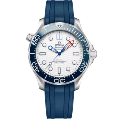 Pre-owned Omega 21032422004002 Seamaster Diver 300m America's Cup White Blue Rubber 42mm