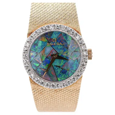 Pre-owned Omega 23mm Fire Black Opal Dial & Diamond Bezel In 14k Yellow Gold Vintage Watch
