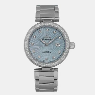 Pre-owned Omega Blue Mop Diamond Stainless Steel De Ville Ladymatic Automatic Women's Wristwatch 34 Mm