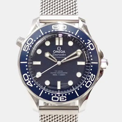 Pre-owned Omega Blue Stainless Steel Seamaster Diver 300m James Bond 60th Anniversary A210523 Men's Watch 42mm