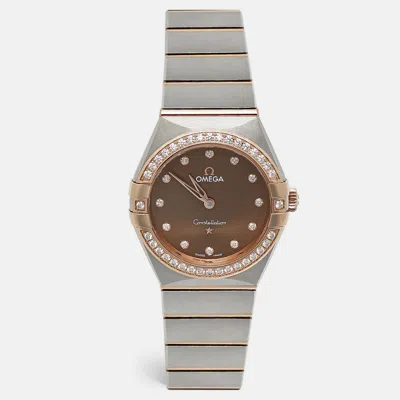 Pre-owned Omega Brown Diamond 18k Rose Gold Stainless Steel Constellation 131.25.28.60.63.001 Women's Wristwatch 28 