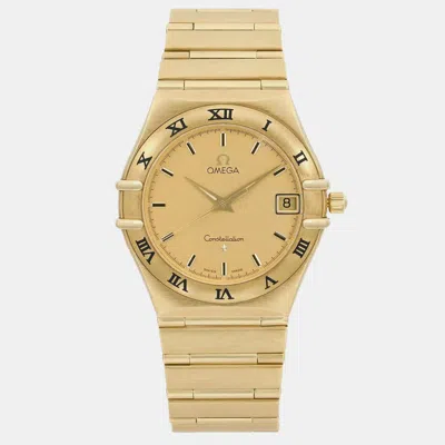 Pre-owned Omega Champagne 18k Yellow Gold Constellation 1112.10 Quartz Women's Wristwatch 33.5 Mm