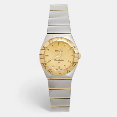 Pre-owned Omega Champagne 18k Yellow Gold Stainless Steel Constellation 123.20.24.60.08.001 Women's Wristwatch 24 Mm In Silver