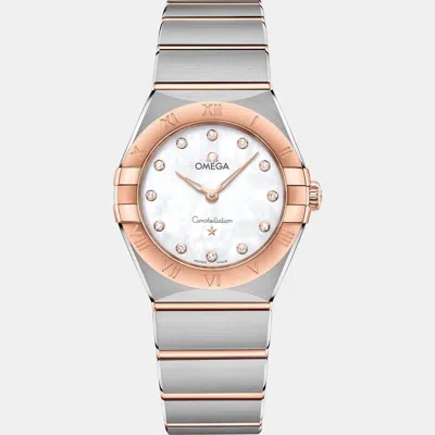 Pre-owned Omega Constellation 131.20.28.60.55.001 White Rose Gold Diamond Quartz Women Wristwatch 28mm