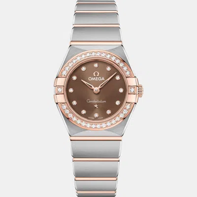 Pre-owned Omega Constellation 131.20.28.60.63.001 Brown Quartz 18k Rose Gold Diamond Stainless Steel Women Wristwatc