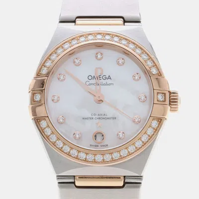 Pre-owned Omega Constellation 131.25.29 White 18k Rose Gold Stainless Steel Diamond Mother Of Pearl Automatic Women'
