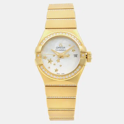 Pre-owned Omega Constellation 18k Gold Diamond Mop Dial Womens Wristwatch 32 Mm In Silver