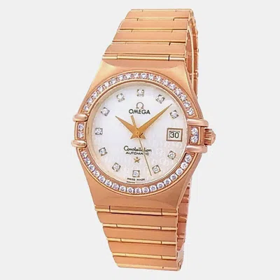 Pre-owned Omega Constellation Automatic Mother Of Pearl Diamonds 18k Rose Gold Women's Wristwatch 29 Mm In Silver