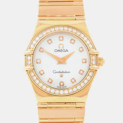 Pre-owned Omega Constellation White 18k Yellow Gold Quartz Women Wristwatch 26mm