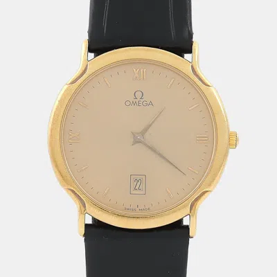 Pre-owned Omega De Ville 196.7720 18k Yellow Gold Quartz Women's Wristwatch 31.5 Mm In Beige