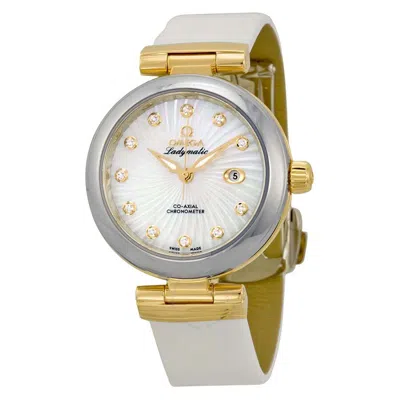 Omega De Ville Ladymatic Mother Of Pearl White Leather Ladies Watch 42522342055002 In Gold
