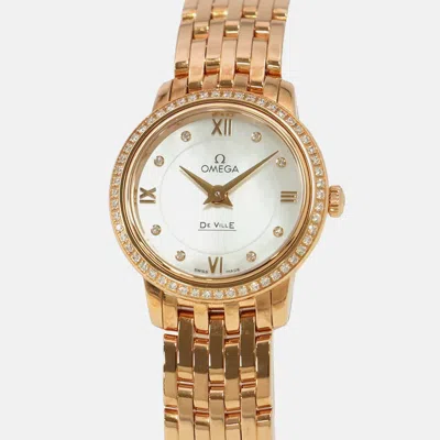 Pre-owned Omega De Ville Prestige 424.55.24.60.55.002 Quartz White Mop 18k Rose Gold Women's Wristwatch 24 Mm