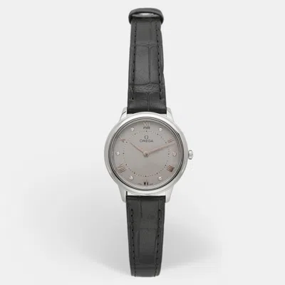 Pre-owned Omega De Ville Prestige Stainless Steel Alligator Leather Diamond Women's Wristwatch 30 Mm In Grey
