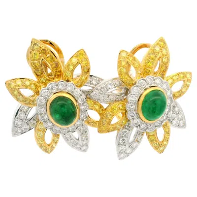 Pre-owned Omega Elegant Platinum & Gold Gia 6.12ctw Emerald Fancy Diamond Flower Spray Earring In Green