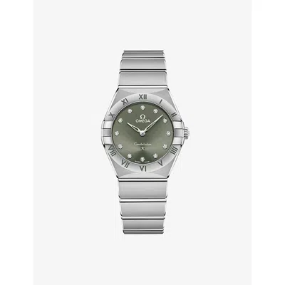 Omega Mens Constellation Stainless-steel And Diamond Quartz Watch 28mm Green In Red