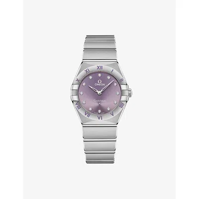 Omega Mens Constellation Stainless-steel And Diamond Quartz Watch 28mm Purpl In Metallic