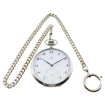 Pre-owned Omega Nickel Silver Art Deco Open Faced Pocket Watch Original Enamel Dial In Multiple